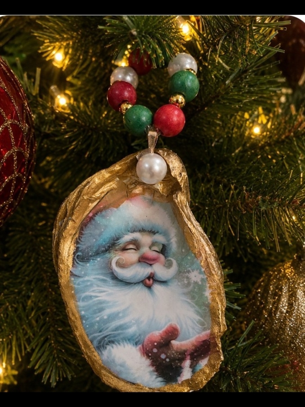 Santa Oyster Shell Ornament Christmas Tree Decor Gold Trim Beaded Hanger